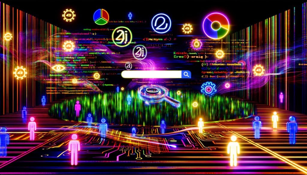 Modernes, neonbeleuchtetes Editorial-Cover mit digitalem Chaos, zerbrechender Suchleiste, Codeströmen, KI-Schaltkreisen und SEO-Symbolen vor einem 404-Warnsignal.