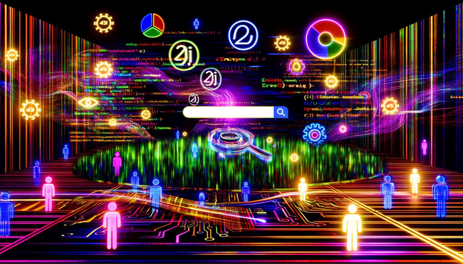 Modernes, neonbeleuchtetes Editorial-Cover mit digitalem Chaos, zerbrechender Suchleiste, Codeströmen, KI-Schaltkreisen und SEO-Symbolen vor einem 404-Warnsignal.
