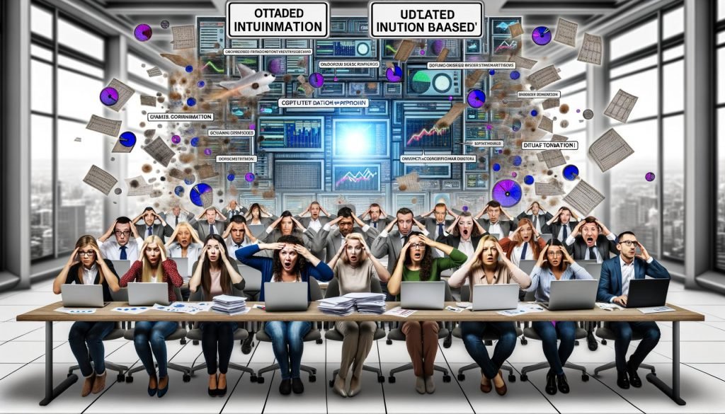 Marketing-Team ringt mit verwirrenden Tabellen und unübersichtlichen Daten, dahinter strahlt ein moderner, geordneter Datenmotor.