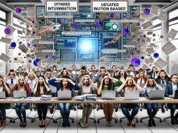 Marketing-Team ringt mit verwirrenden Tabellen und unübersichtlichen Daten, dahinter strahlt ein moderner, geordneter Datenmotor.