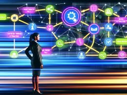 Illustration eines Marketers vor einem großen digitalen Dashboard mit Online-Formularen, Datenströmen und Automatisierungsdiagrammen, symbolisiert die Effizienz und den technologischen Fortschritt im digitalen Marketing.