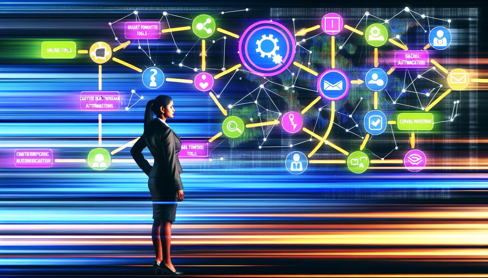 Illustration eines Marketers vor einem großen digitalen Dashboard mit Online-Formularen, Datenströmen und Automatisierungsdiagrammen, symbolisiert die Effizienz und den technologischen Fortschritt im digitalen Marketing.