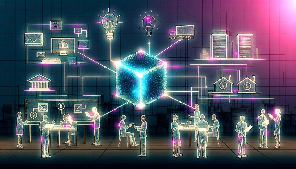Dynamische Illustration eines offenen Büros mit diversen Menschen, digitalen Interfaces, schwebenden Smart Contracts, Blockchain-Verbindungen und verblassenden klassischen Mittelsmännern.
