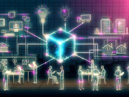Dynamische Illustration eines offenen Büros mit diversen Menschen, digitalen Interfaces, schwebenden Smart Contracts, Blockchain-Verbindungen und verblassenden klassischen Mittelsmännern.