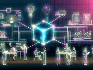 Dynamische Illustration eines offenen Büros mit diversen Menschen, digitalen Interfaces, schwebenden Smart Contracts, Blockchain-Verbindungen und verblassenden klassischen Mittelsmännern.