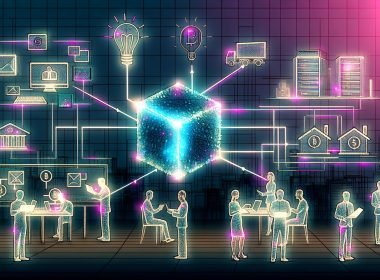 Dynamische Illustration eines offenen Büros mit diversen Menschen, digitalen Interfaces, schwebenden Smart Contracts, Blockchain-Verbindungen und verblassenden klassischen Mittelsmännern.