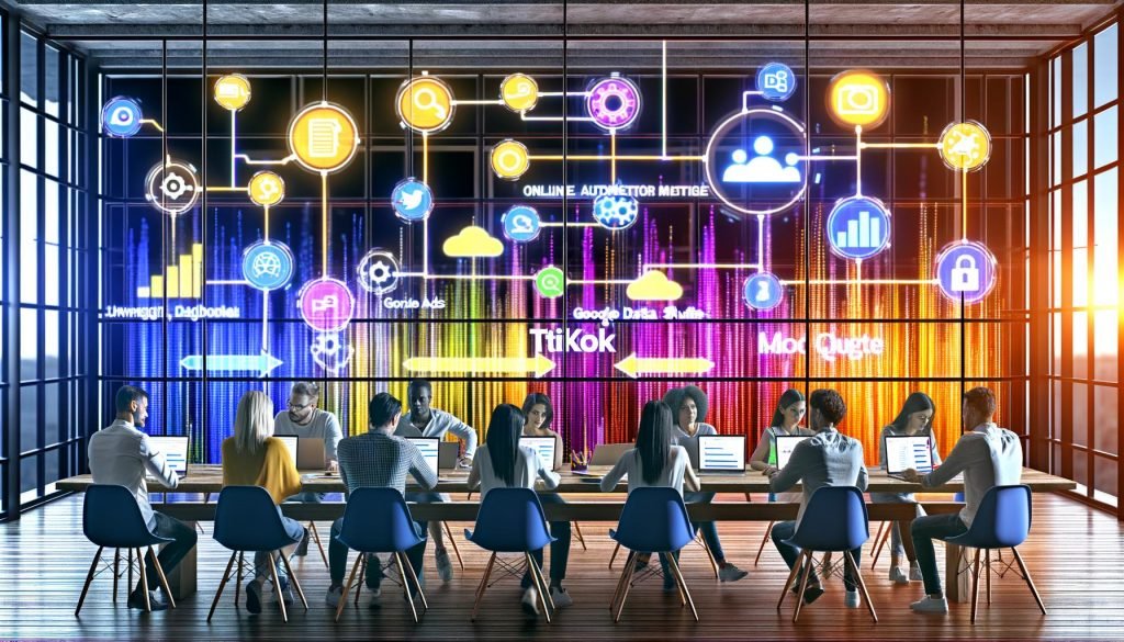 Online-Marketing-Spezialisten im modernen Loft-Büro mit Laptops, bunten KPI-Dashboards, Channel-Logos, digitalen Datenquellen und automatisiertem Datenfluss.