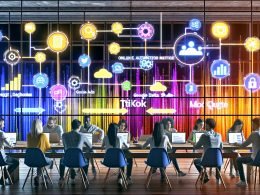 Online-Marketing-Spezialisten im modernen Loft-Büro mit Laptops, bunten KPI-Dashboards, Channel-Logos, digitalen Datenquellen und automatisiertem Datenfluss.
