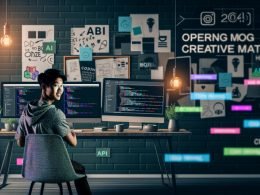 Junger kreativer Marketer am urbanen Schreibtisch mit modernen Monitoren, Prompt-Editor, KI-Thumbnails, Coding-Terminal und Branding-Elementen im Hintergrund.