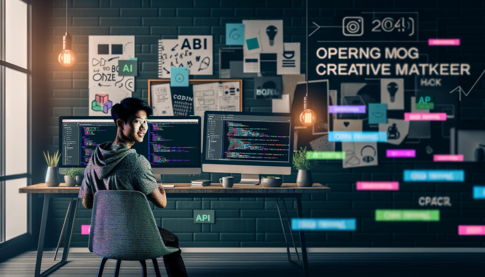 Junger kreativer Marketer am urbanen Schreibtisch mit modernen Monitoren, Prompt-Editor, KI-Thumbnails, Coding-Terminal und Branding-Elementen im Hintergrund.