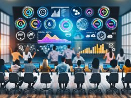 Team betrachtet in einem modernen Büro ein interaktives, farbenfrohes PR Dashboard auf Monitoren und Laptops mit KPIs zu Reichweite, Engagement und Media Value, umgeben von Social-Media-Icons und Medienlogos.