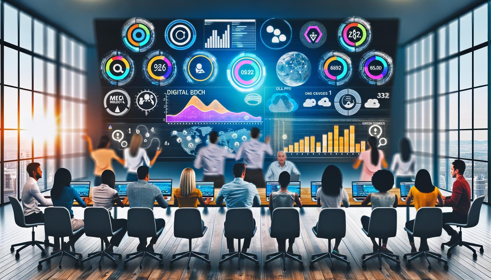Team betrachtet in einem modernen Büro ein interaktives, farbenfrohes PR Dashboard auf Monitoren und Laptops mit KPIs zu Reichweite, Engagement und Media Value, umgeben von Social-Media-Icons und Medienlogos.