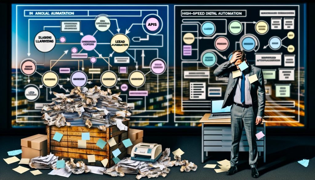 Gestresster Marketer im überfüllten, analogen Büro vor einer Bananenkiste ungeordneter Leads, im Hintergrund ein klar strukturierter, digitaler Arbeitsplatz mit modernen Dashboards und Automationsgrafiken.