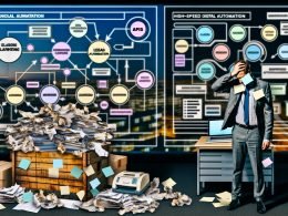 Gestresster Marketer im überfüllten, analogen Büro vor einer Bananenkiste ungeordneter Leads, im Hintergrund ein klar strukturierter, digitaler Arbeitsplatz mit modernen Dashboards und Automationsgrafiken.