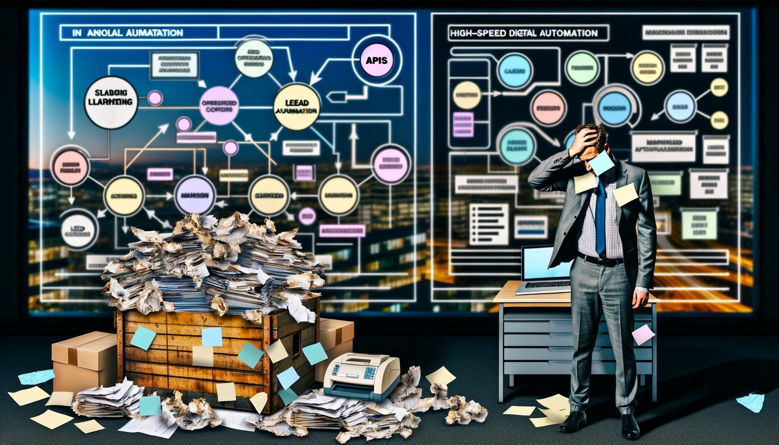 Gestresster Marketer im überfüllten, analogen Büro vor einer Bananenkiste ungeordneter Leads, im Hintergrund ein klar strukturierter, digitaler Arbeitsplatz mit modernen Dashboards und Automationsgrafiken.