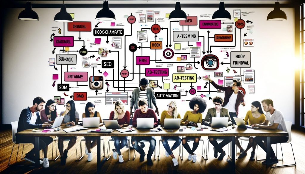 Eine Gruppe kreativer Social-Media-Manager arbeitet gemeinsam mit Laptops vor einer Wand aus farbigen Post-its, Diagrammen und Instagram-Feed-Mockups in einem trendigen Großstadtbüro, während ein Team am Whiteboard Strategien entwickelt.