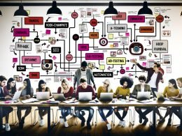 Eine Gruppe kreativer Social-Media-Manager arbeitet gemeinsam mit Laptops vor einer Wand aus farbigen Post-its, Diagrammen und Instagram-Feed-Mockups in einem trendigen Großstadtbüro, während ein Team am Whiteboard Strategien entwickelt.