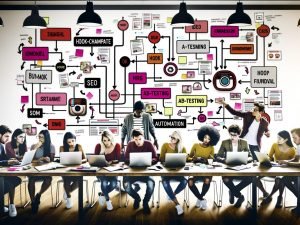 Eine Gruppe kreativer Social-Media-Manager arbeitet gemeinsam mit Laptops vor einer Wand aus farbigen Post-its, Diagrammen und Instagram-Feed-Mockups in einem trendigen Großstadtbüro, während ein Team am Whiteboard Strategien entwickelt.