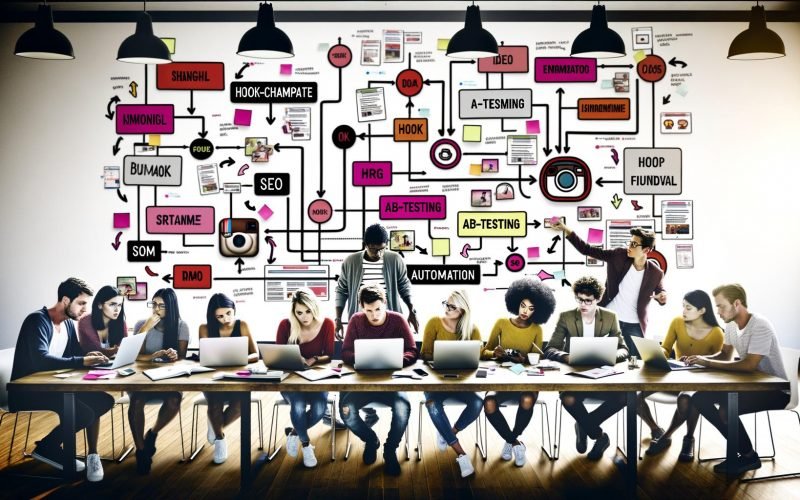 Eine Gruppe kreativer Social-Media-Manager arbeitet gemeinsam mit Laptops vor einer Wand aus farbigen Post-its, Diagrammen und Instagram-Feed-Mockups in einem trendigen Großstadtbüro, während ein Team am Whiteboard Strategien entwickelt.
