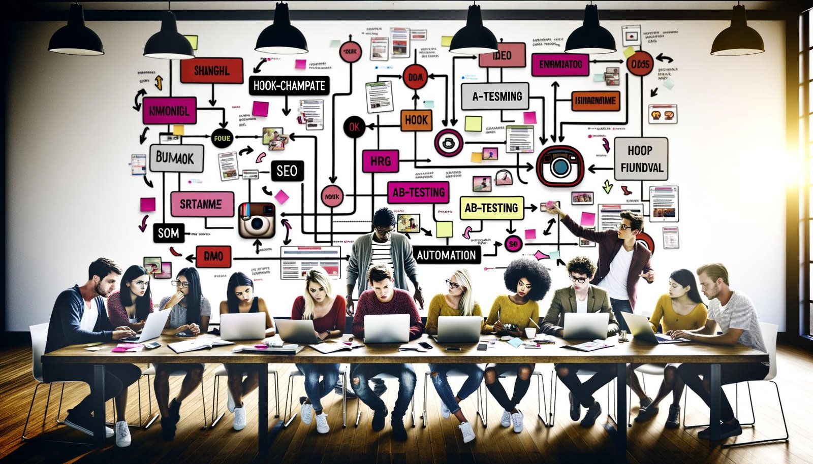 Eine Gruppe kreativer Social-Media-Manager arbeitet gemeinsam mit Laptops vor einer Wand aus farbigen Post-its, Diagrammen und Instagram-Feed-Mockups in einem trendigen Großstadtbüro, während ein Team am Whiteboard Strategien entwickelt.