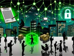 Illustration einer modernen Großstadt: Menschen mit Laptops und Smartphones zeigen leuchtende Blockchain-Symbole, während futuristische Gebäude, Banken und Paketdrohnen von digitalen Datenströmen durchzogen werden. Ein Hacker-Schatten und ein vom Blockchain-Netzwerk eingehülltes Vertragspapier sind erkennbar.
