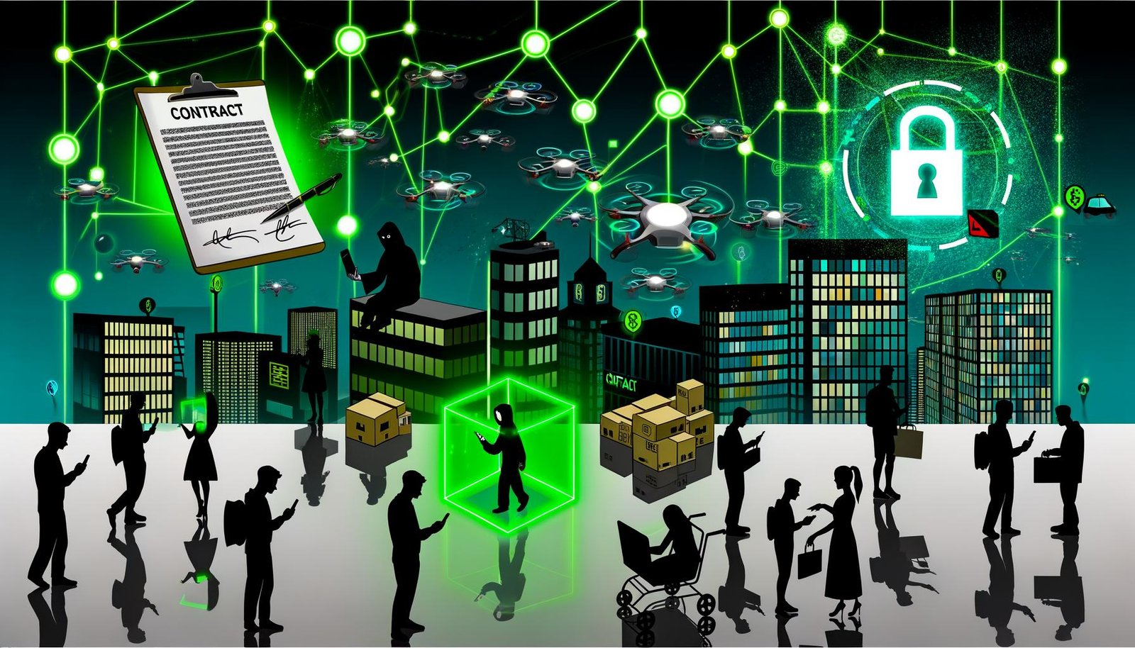 Illustration einer modernen Großstadt: Menschen mit Laptops und Smartphones zeigen leuchtende Blockchain-Symbole, während futuristische Gebäude, Banken und Paketdrohnen von digitalen Datenströmen durchzogen werden. Ein Hacker-Schatten und ein vom Blockchain-Netzwerk eingehülltes Vertragspapier sind erkennbar.