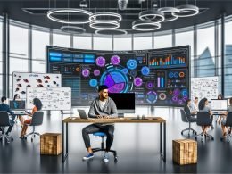 Marketing-Spezialist vor mehreren Monitoren mit bunten Supermetrics-Dashboards im modernen Büro; Teamkollegen analysieren Datenströme und API-Schlüssel an Whiteboards, daneben veraltete Tabellen auf einem Beistelltisch.