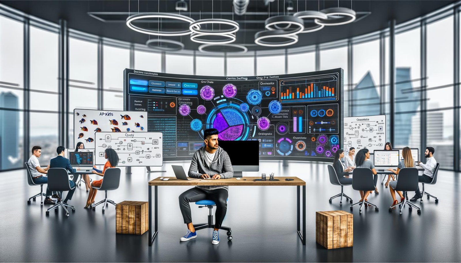 Marketing-Spezialist vor mehreren Monitoren mit bunten Supermetrics-Dashboards im modernen Büro; Teamkollegen analysieren Datenströme und API-Schlüssel an Whiteboards, daneben veraltete Tabellen auf einem Beistelltisch.