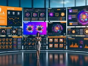 Marketer steht vor mehreren Bildschirmen mit Amazon Ads Dashboards, A/B-Tests, kreativen Werbevarianten und Automatisierungsskripten in modernem Workspace.