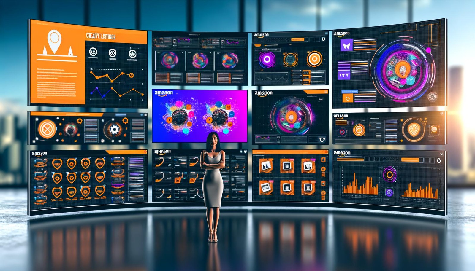 Marketer steht vor mehreren Bildschirmen mit Amazon Ads Dashboards, A/B-Tests, kreativen Werbevarianten und Automatisierungsskripten in modernem Workspace.