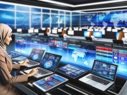 Moderner Newsroom mit professioneller Person vor Laptops und Tablets, Echtzeit-Medienanalytik und Social Media Dashboards