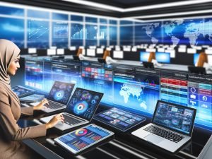 Moderner Newsroom mit professioneller Person vor Laptops und Tablets, Echtzeit-Medienanalytik und Social Media Dashboards