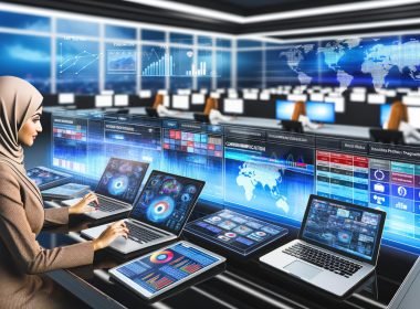 Moderner Newsroom mit professioneller Person vor Laptops und Tablets, Echtzeit-Medienanalytik und Social Media Dashboards