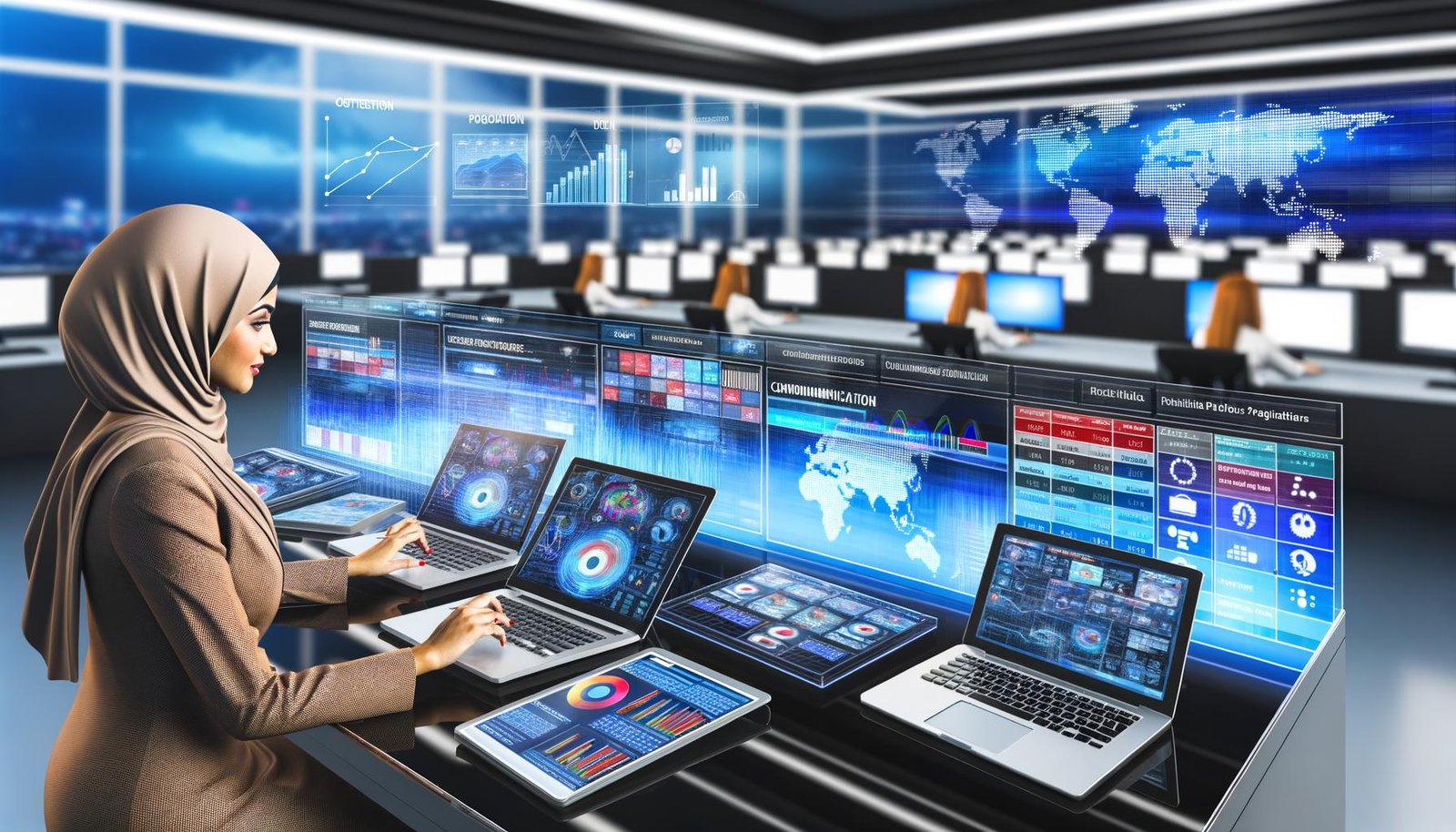 Moderner Newsroom mit professioneller Person vor Laptops und Tablets, Echtzeit-Medienanalytik und Social Media Dashboards