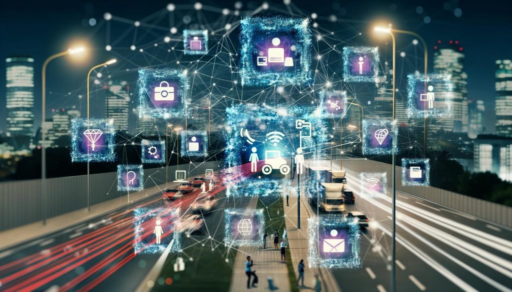 Vernetzte Stadt mit Blockchain-Symbolen, autonomen Fahrzeugen, Smartphones, digital visualisierten Verträgen und leuchtenden Knotenpunkten für Handel, Logistik, Versicherung und Identität.