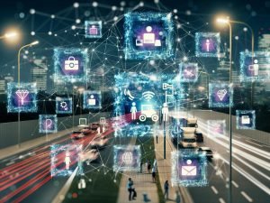 Vernetzte Stadt mit Blockchain-Symbolen, autonomen Fahrzeugen, Smartphones, digital visualisierten Verträgen und leuchtenden Knotenpunkten für Handel, Logistik, Versicherung und Identität.
