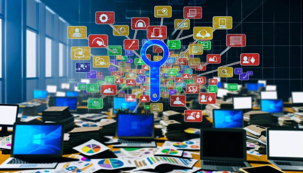 Chaotischer Schreibtisch mit vielen Laptops, Dashboards und Datenströmen von Marketingplattformen, die durch Supermetrics zu einem klaren Reporting-Dashboard geordnet werden.