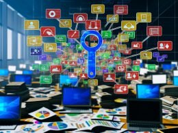 Chaotischer Schreibtisch mit vielen Laptops, Dashboards und Datenströmen von Marketingplattformen, die durch Supermetrics zu einem klaren Reporting-Dashboard geordnet werden.