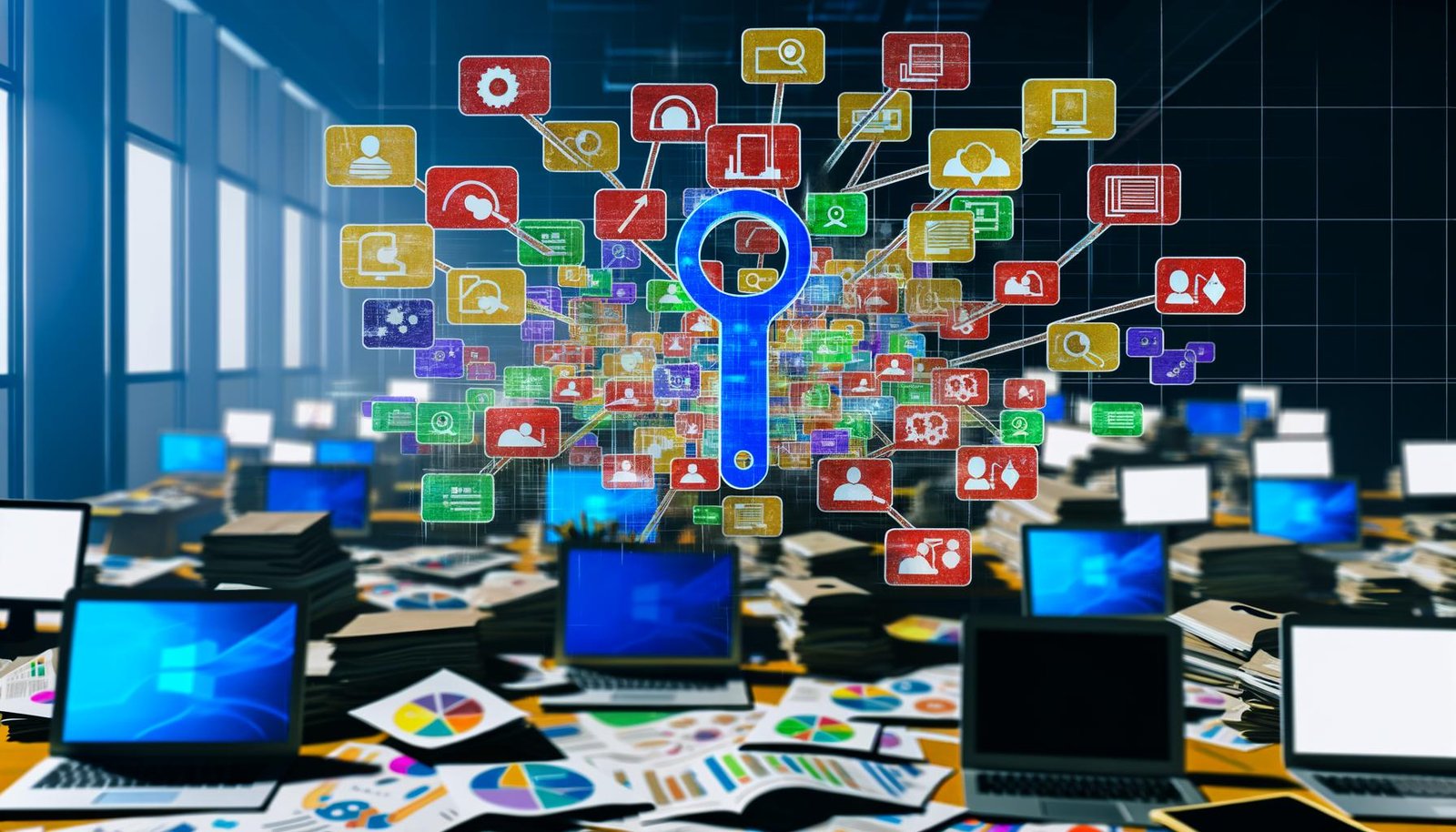 Chaotischer Schreibtisch mit vielen Laptops, Dashboards und Datenströmen von Marketingplattformen, die durch Supermetrics zu einem klaren Reporting-Dashboard geordnet werden.
