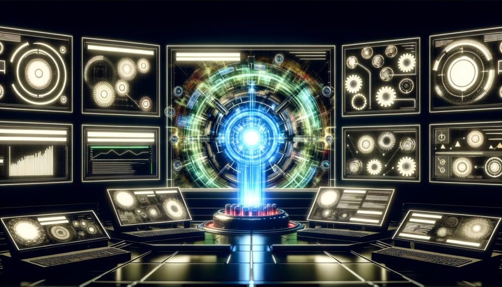 Futuristischer Maschinenraum mit Amazon-Suchergebnissen, die auffällige Native Ads zeigen, zentral ein KI-Dashboard mit Datenströmen und Diagrammen, umgeben von Monitoren mit Live-Tracking und algorithmischer Visualisierung.