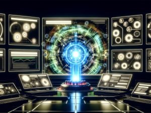 Futuristischer Maschinenraum mit Amazon-Suchergebnissen, die auffällige Native Ads zeigen, zentral ein KI-Dashboard mit Datenströmen und Diagrammen, umgeben von Monitoren mit Live-Tracking und algorithmischer Visualisierung.