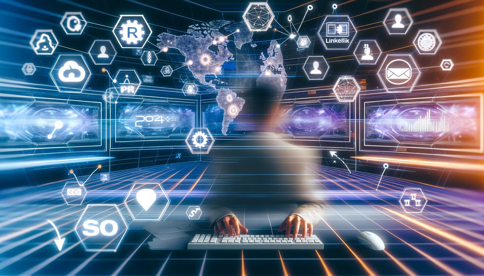 Futuristischer Arbeitsplatz mit Bildschirmen, Datenanalysen, digitalen Icons und einer Person, die innovative digitale PR-Strategien am Computer umsetzt.