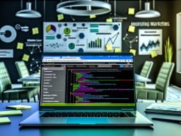 MacBook mit geöffneter Tag Assistant Chrome Extension, detaillierte Tag-Analyse im Browser, umgeben von Marketing-Charts und Code-Snippets in einem modernen Büro.