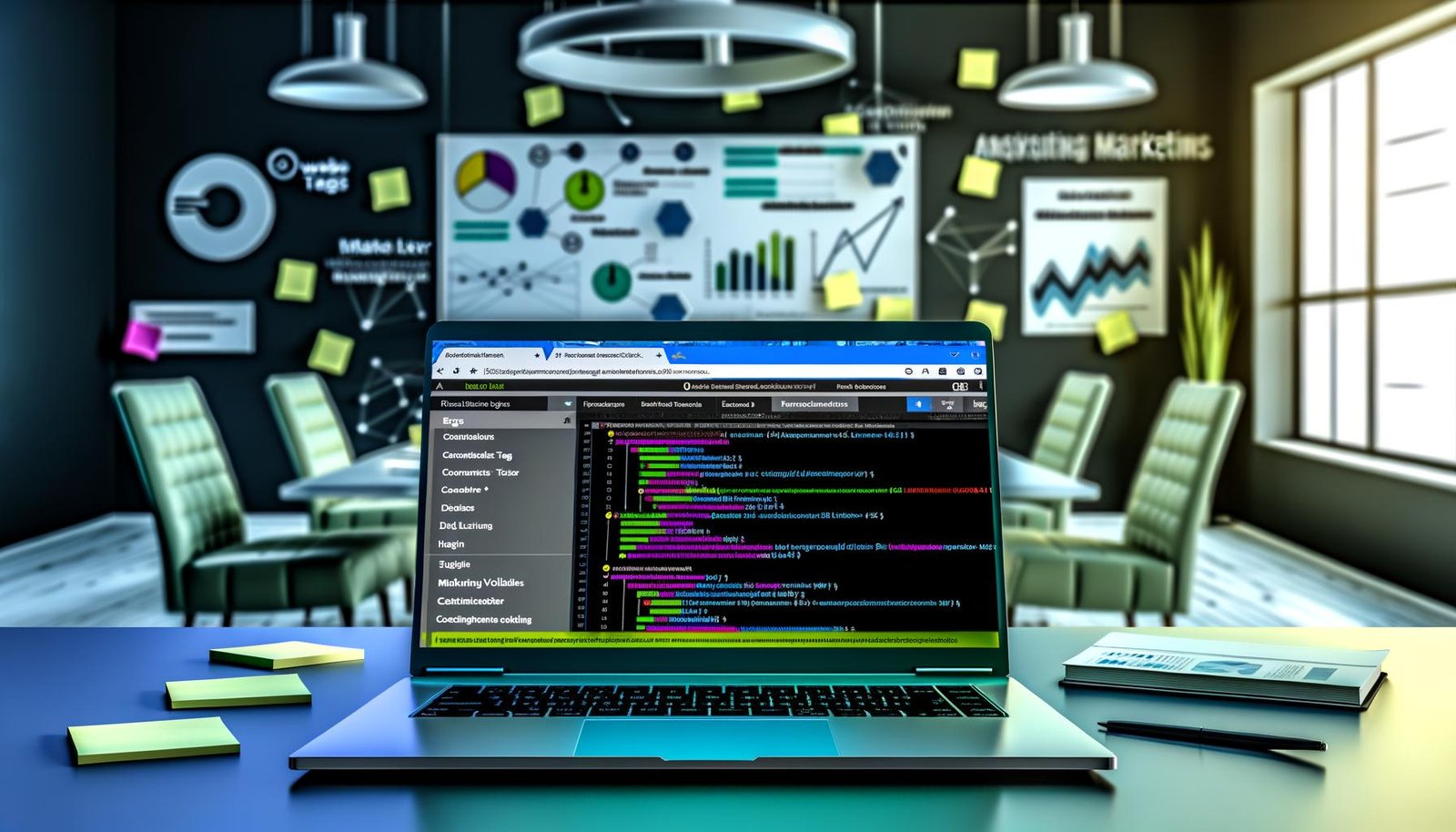MacBook mit geöffneter Tag Assistant Chrome Extension, detaillierte Tag-Analyse im Browser, umgeben von Marketing-Charts und Code-Snippets in einem modernen Büro.