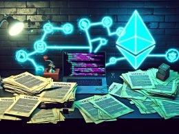 Montage eines chaotischen Schreibtischs mit Papierverträgen, Notar-Stempel, Füller und einem Laptop mit Ethereum-Code, Blockchain-Symbolen und If-Then-Diagramm im Neonlicht.