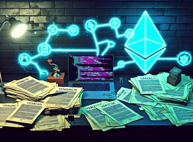 Montage eines chaotischen Schreibtischs mit Papierverträgen, Notar-Stempel, Füller und einem Laptop mit Ethereum-Code, Blockchain-Symbolen und If-Then-Diagramm im Neonlicht.
