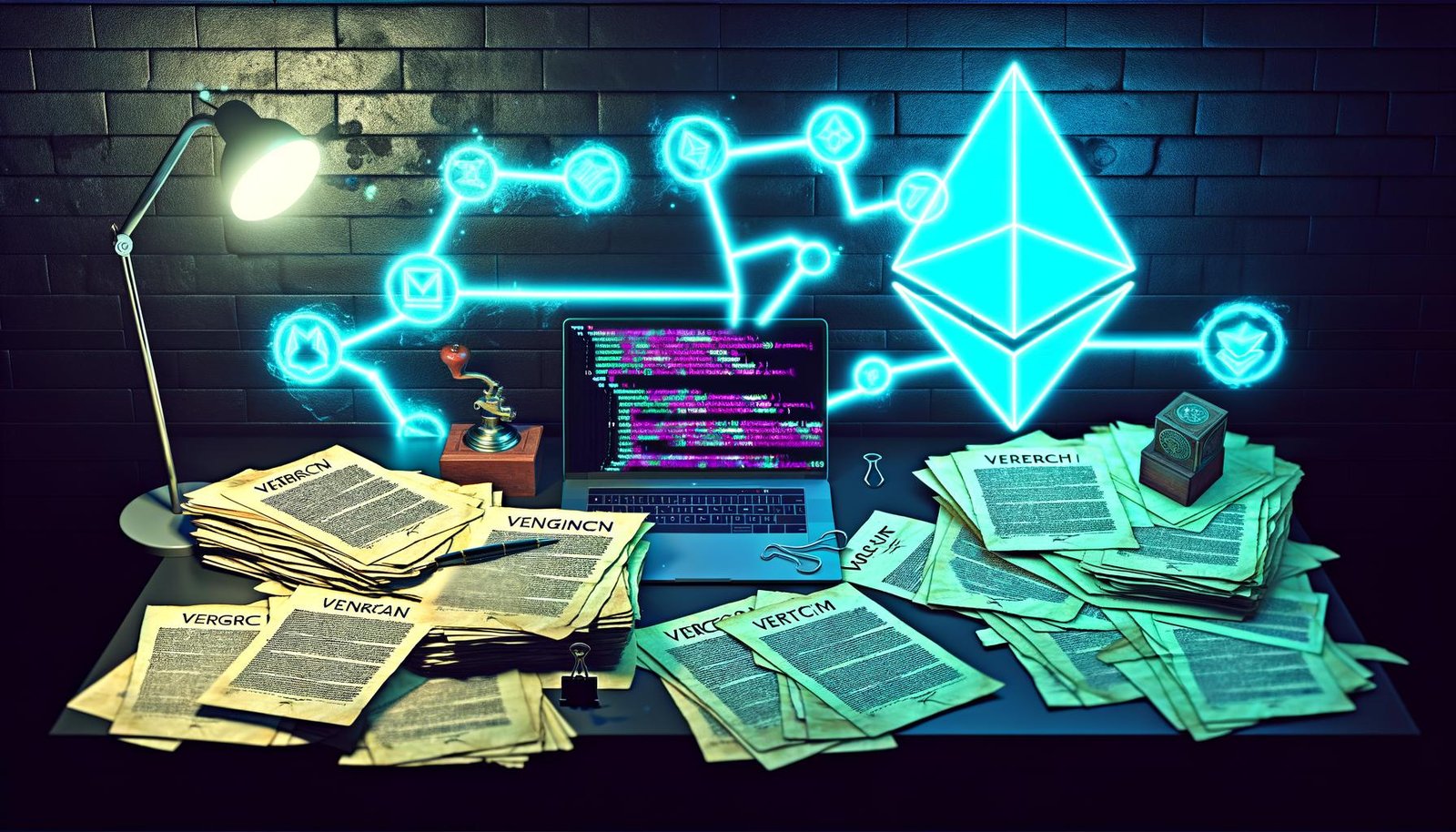 Montage eines chaotischen Schreibtischs mit Papierverträgen, Notar-Stempel, Füller und einem Laptop mit Ethereum-Code, Blockchain-Symbolen und If-Then-Diagramm im Neonlicht.