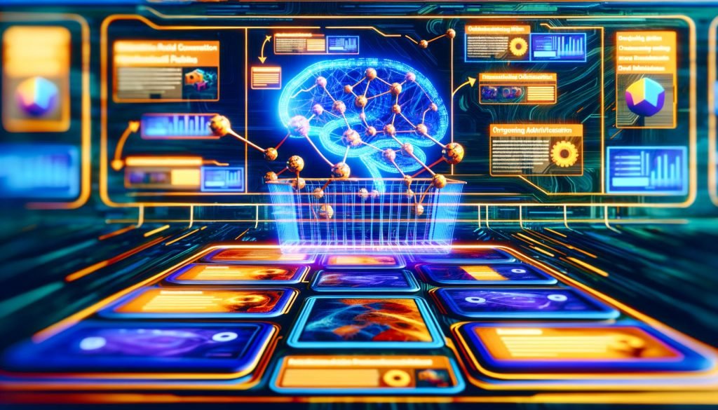 Futuristisches Amazon-Shopping-Interface mit KI-Verbindungen, nativen Anzeigen, Datenströmen und personalisierten Empfehlungen in blauen und orangen Farbtönen.