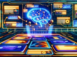Futuristisches Amazon-Shopping-Interface mit KI-Verbindungen, nativen Anzeigen, Datenströmen und personalisierten Empfehlungen in blauen und orangen Farbtönen.