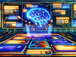 Futuristisches Amazon-Shopping-Interface mit KI-Verbindungen, nativen Anzeigen, Datenströmen und personalisierten Empfehlungen in blauen und orangen Farbtönen.